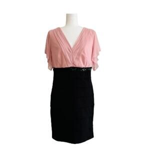 Enfocus Dress Pink Black V-Neck Flutter Short Sleeve Tiered Party 14 Petite NEW